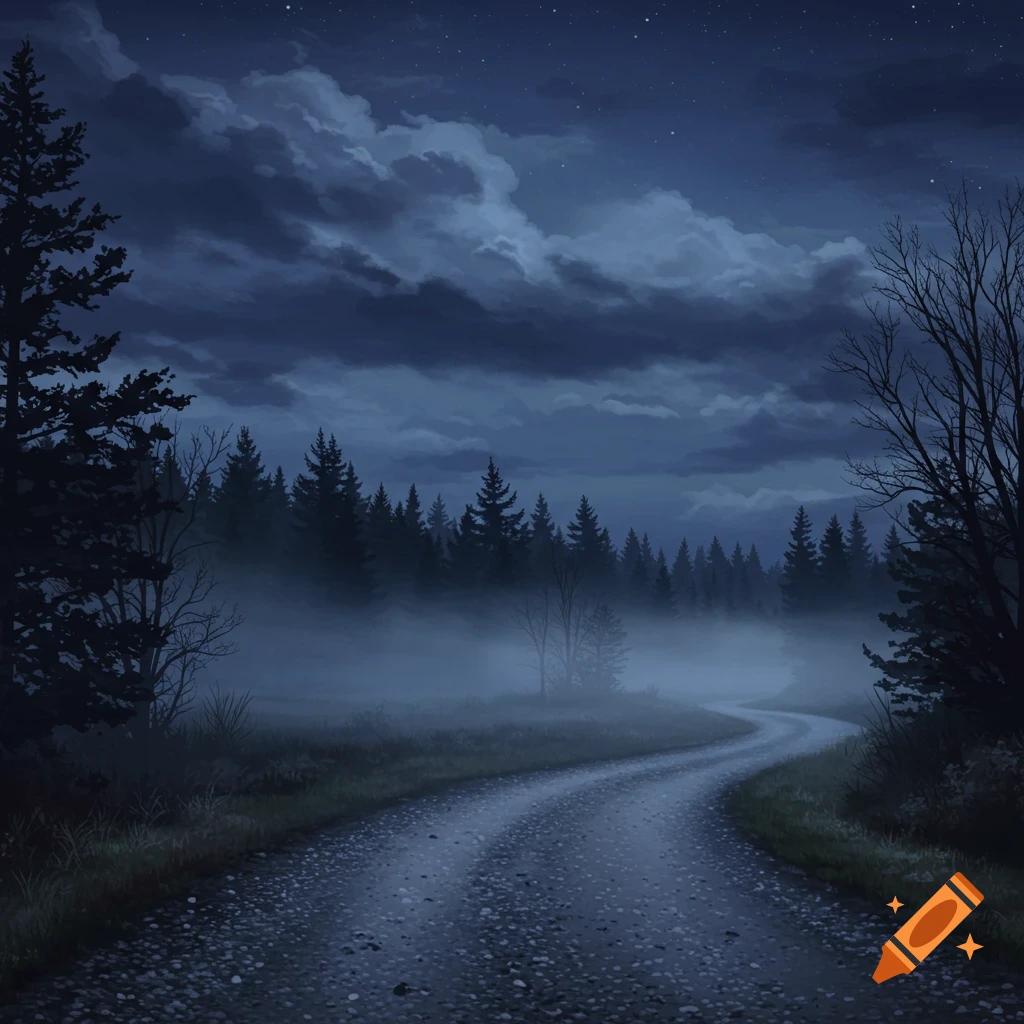 A winding dirt road leading into a misty, dark forest under a cloudy ...