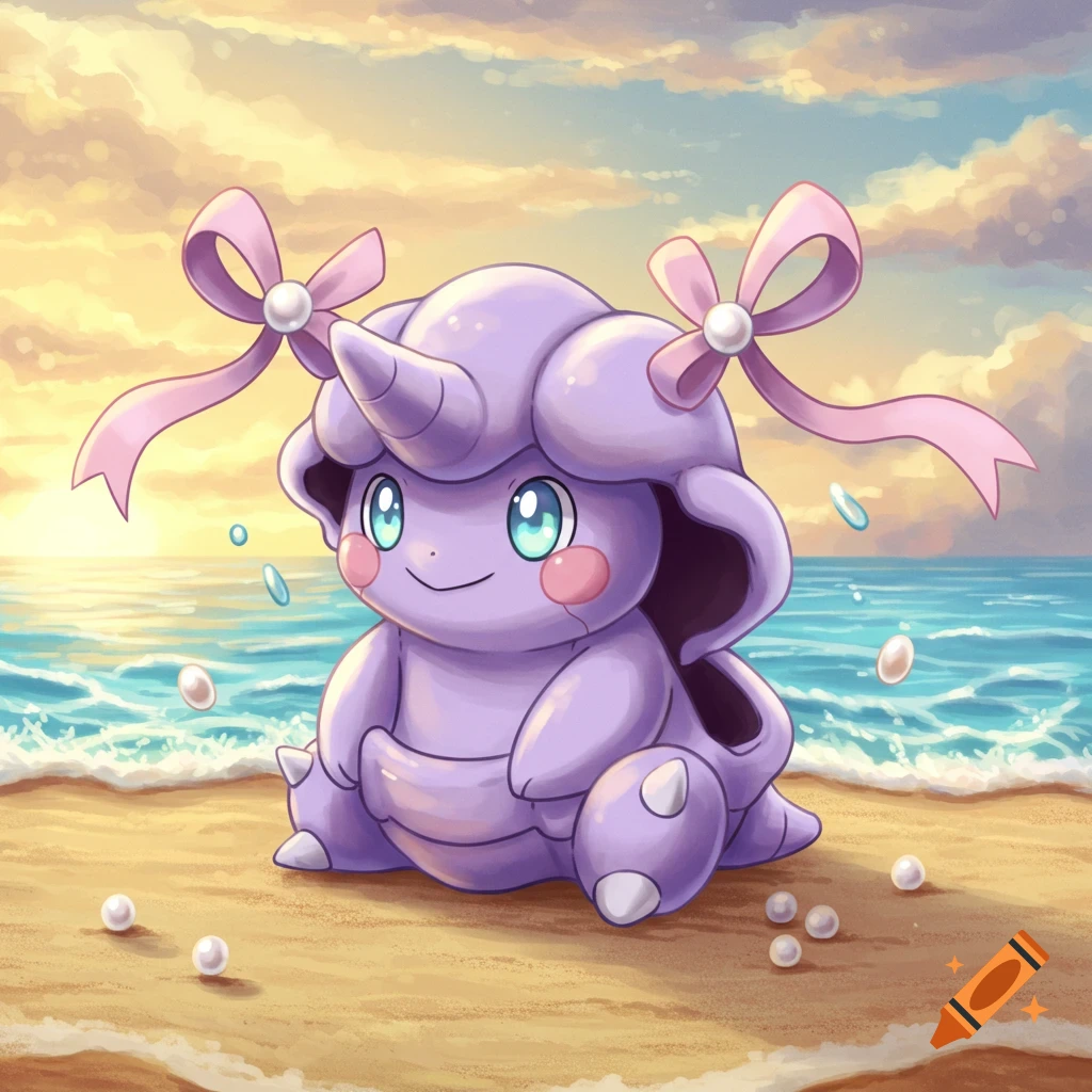 A cute purple Pokémon-like creature with pink bows on its head sits on a sandy beach with the ocean and sunset sky in the background.
