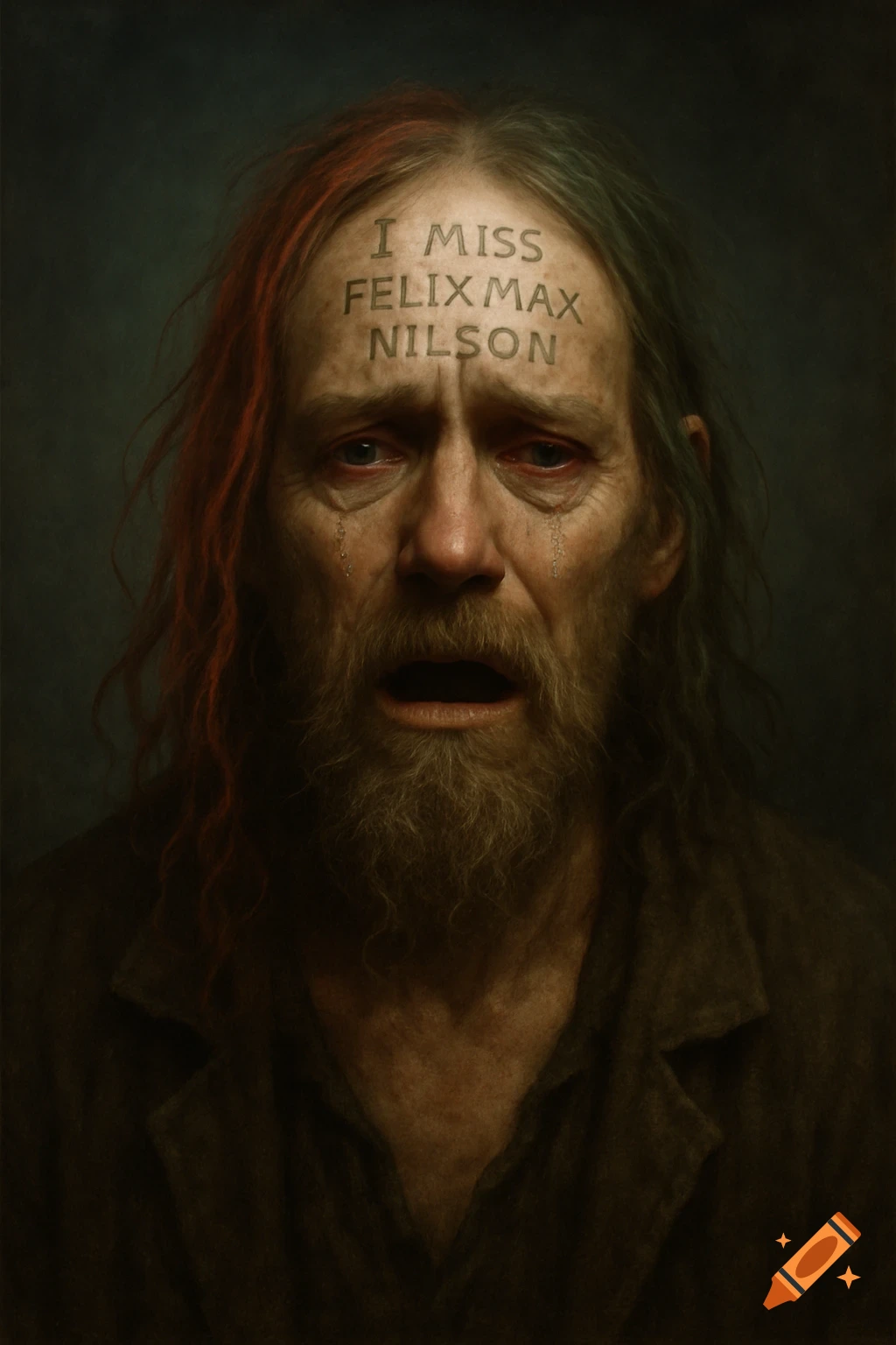 A close-up portrait of a distressed man with a long beard, long red and green hair, crying with tears streaming down his face. The words "I MISS FELIX MAX NILSON" are etched into his forehead. The image has a dark, painterly aesthetic.