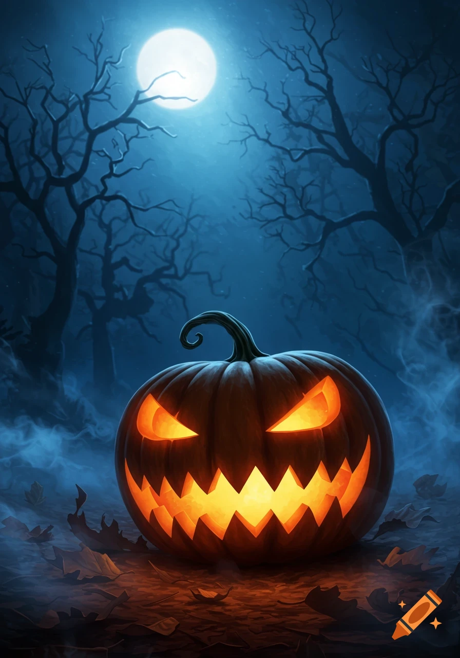 A glowing jack-o'-lantern with a scary face sits among fallen leaves in ...