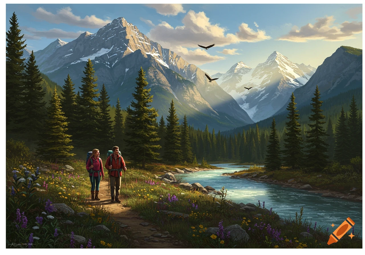 A hiking couple walks on a path by a river in a vibrant mountain valley, surrounded by pine forests and majestic snow-capped peaks under a bright sky.