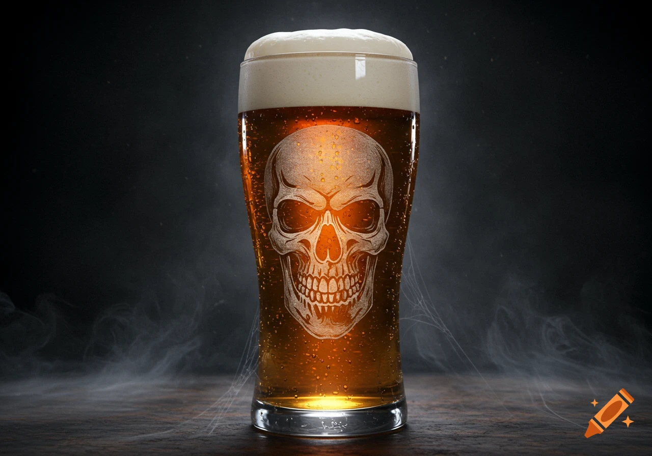 Photorealistic beer glass with an etched skull design, set against a dark, smoky Halloween background with subtle cobwebs.