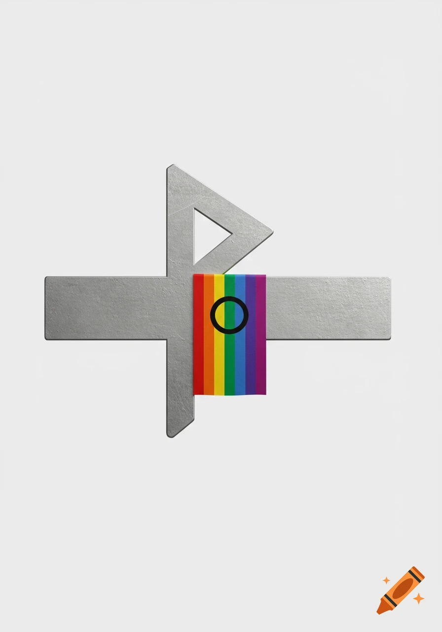 A stylized metallic rune-like symbol holds a rainbow-striped intersex flag with a black circle on a purple stripe, against a white background.