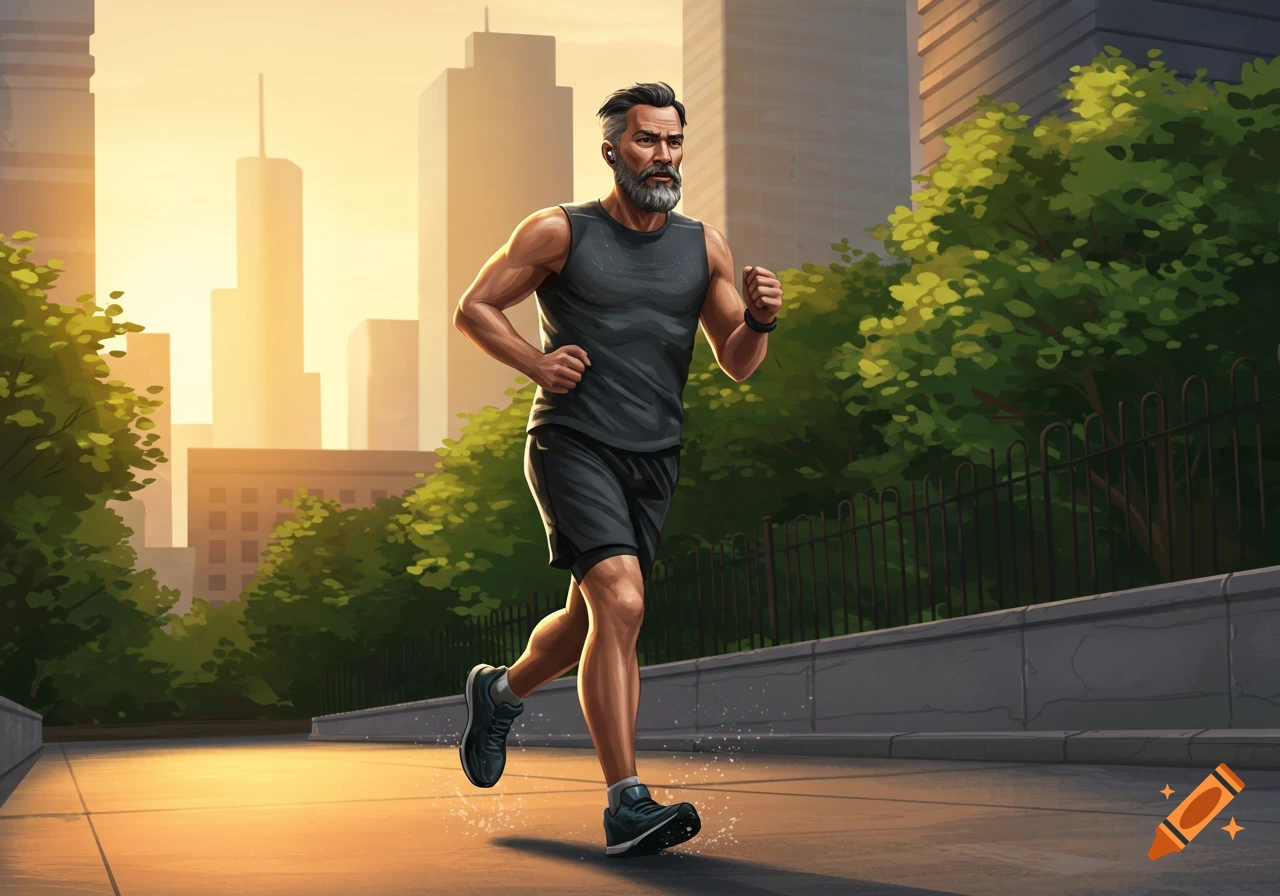 An illustrated man with a beard in running gear jogs through a city at sunset, with tall buildings in the background.