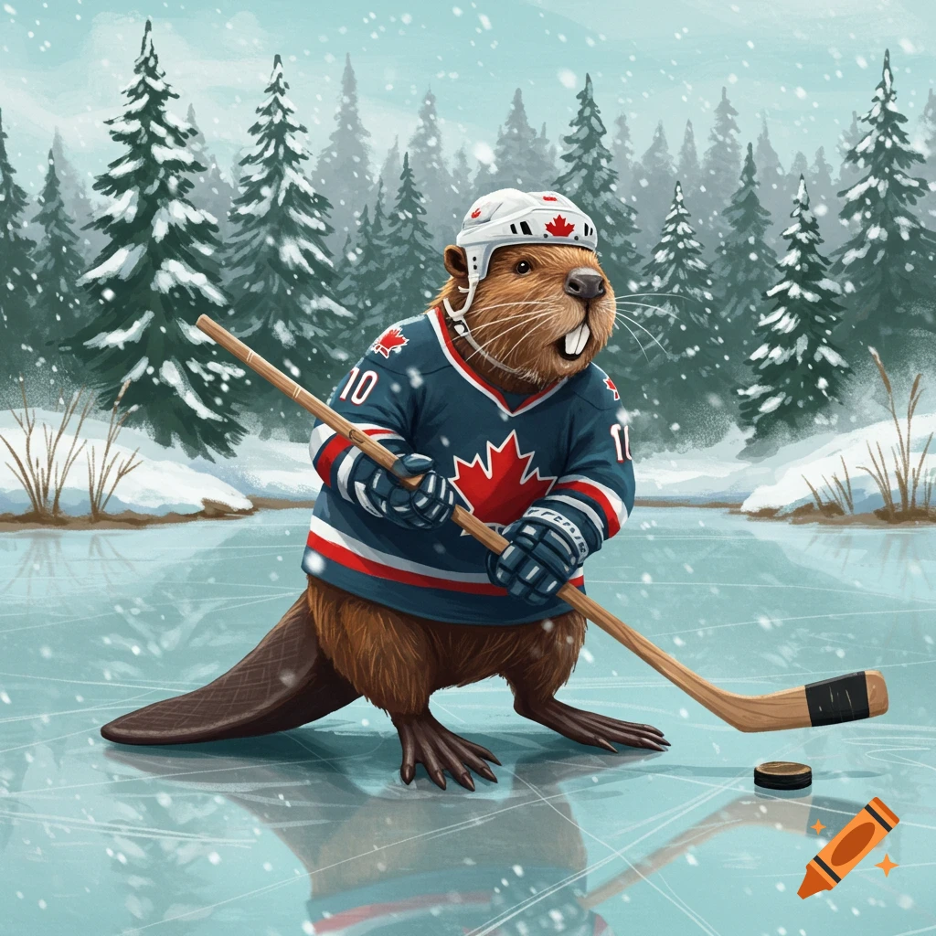 A cartoon beaver in a hockey jersey and helmet plays hockey on an icy pond in a snowy forest.