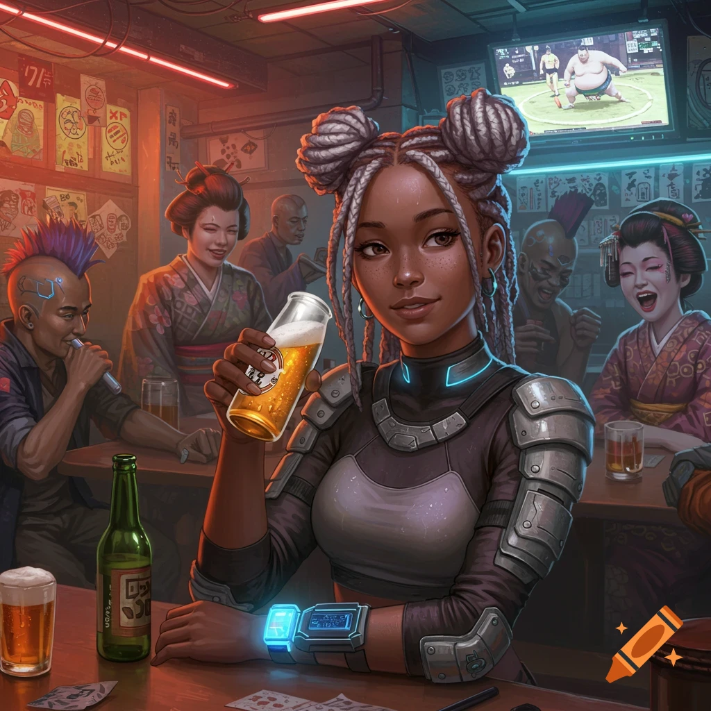 A smiling young Black woman with silver Odango buns holds a beer in a crowded, neon-lit cyberpunk Japanese sumo bar. She wears futuristic armor and a glowing wrist computer. A sumo match plays on a TV in the background.