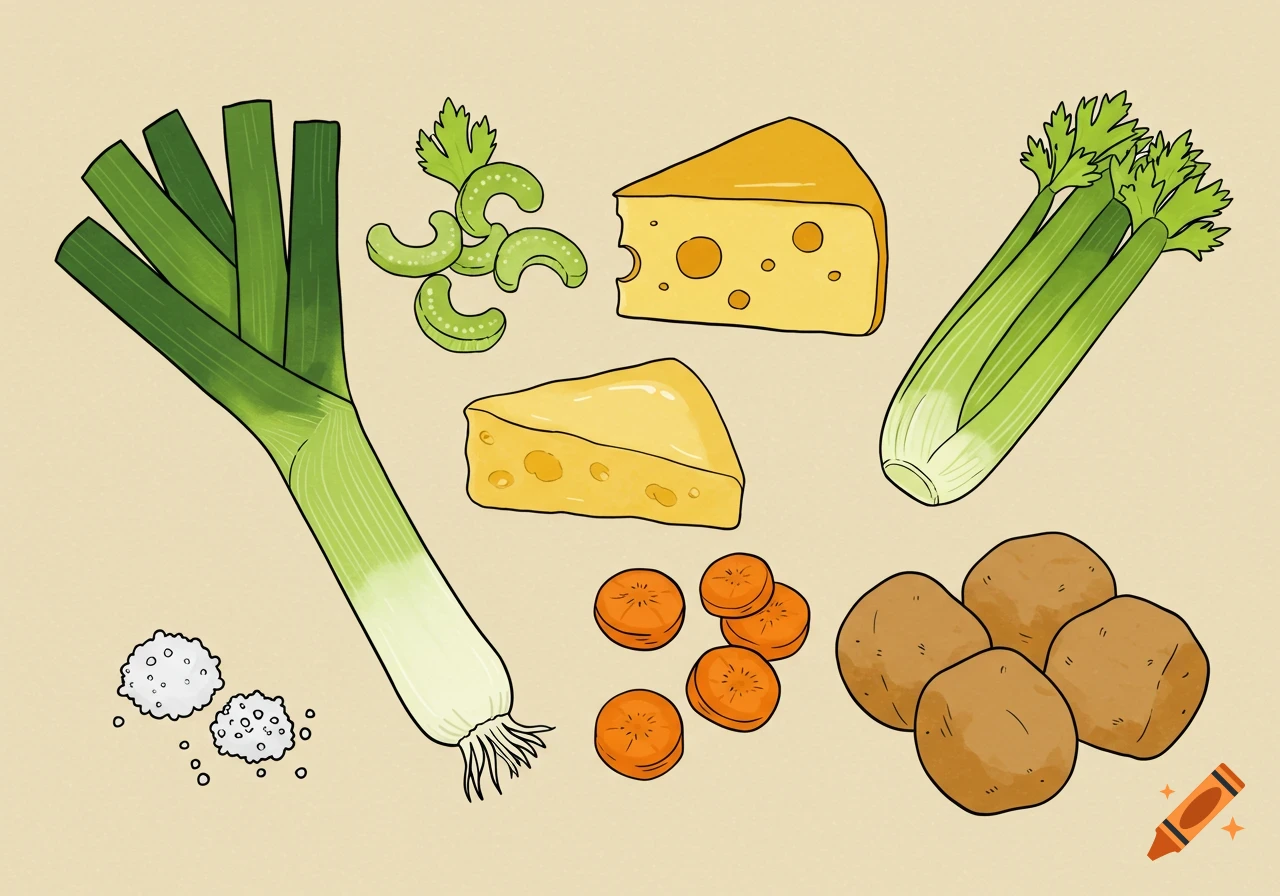A colorful, simple line drawing illustration of ingredients for cheese and leek soup: leeks, cheese wedges, celery, carrots, potatoes, and salt.