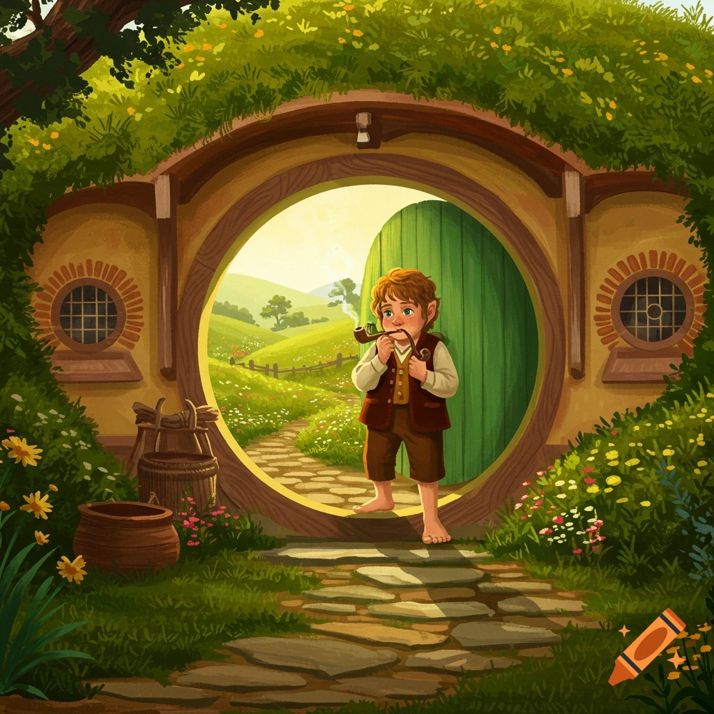 An illustration of a young hobbit-like character smoking a pipe at the circular entrance of a hobbit hole, leading to a green, flowery landscape.