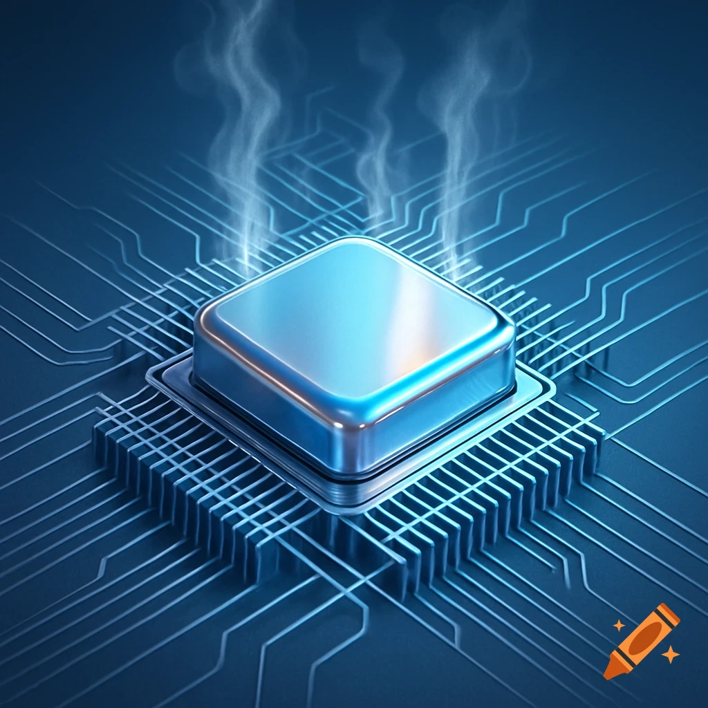 A glowing, futuristic microchip on a blue circuit board, with vapor ...