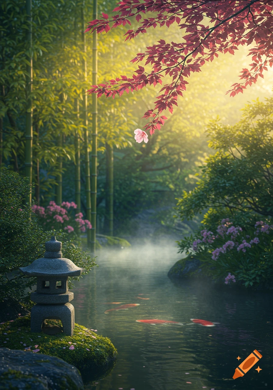 A serene Japanese garden with koi fish in a misty stream, bamboo, red maple leaves, and a stone lantern bathed in golden sunlight.
