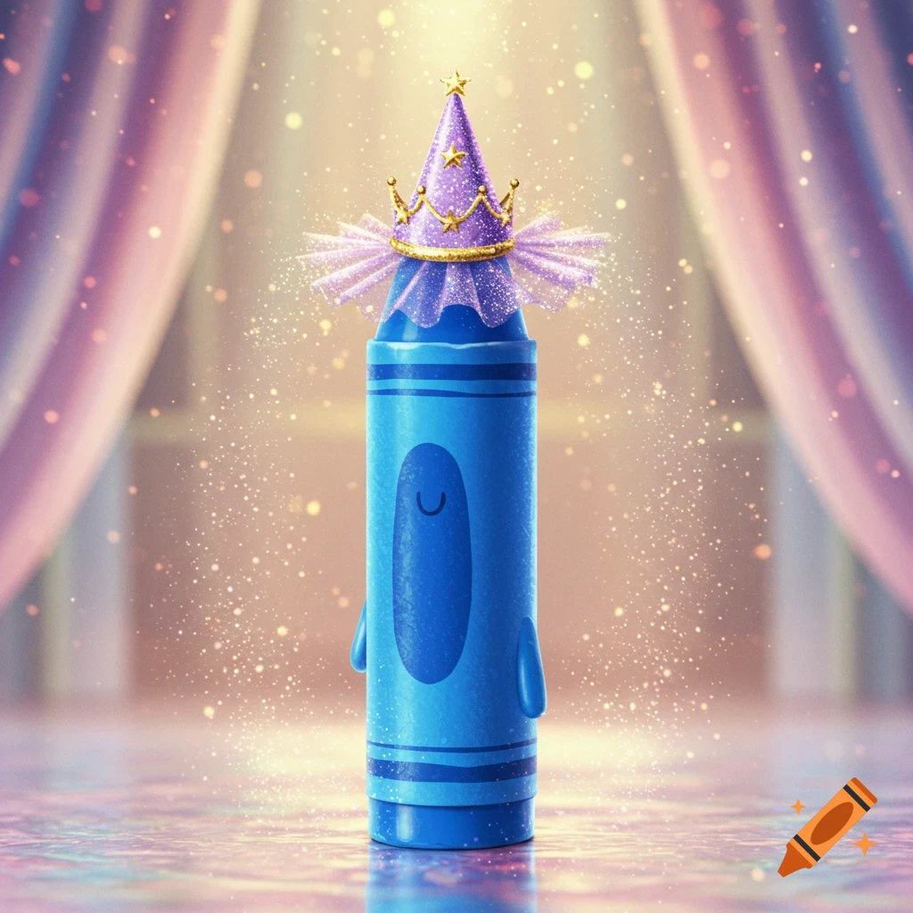 A cute blue crayon character wearing a purple and gold princess hat with a sheer frill, standing on a sparkling stage.