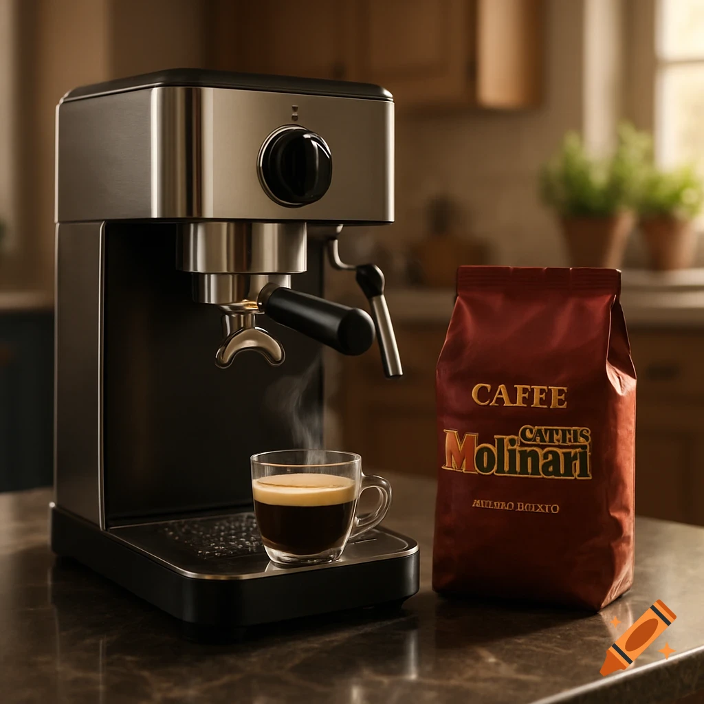 A modern stainless steel espresso machine with a steaming cup of coffee next to a red bag of coffee on a kitchen counter.