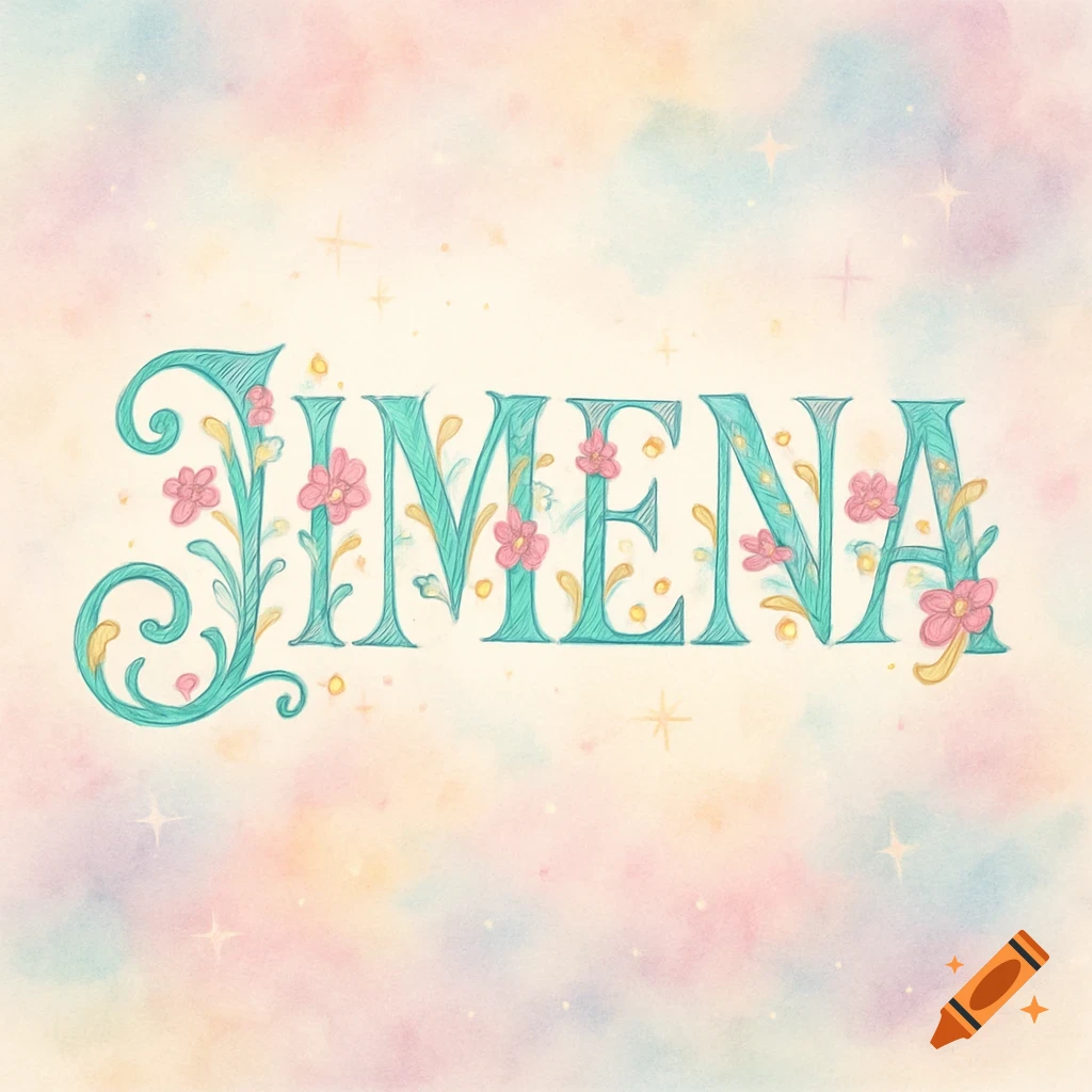 Decorative watercolor lettering of the name JIMENA adorned with pink flowers and foliage on a pastel cloud background.
