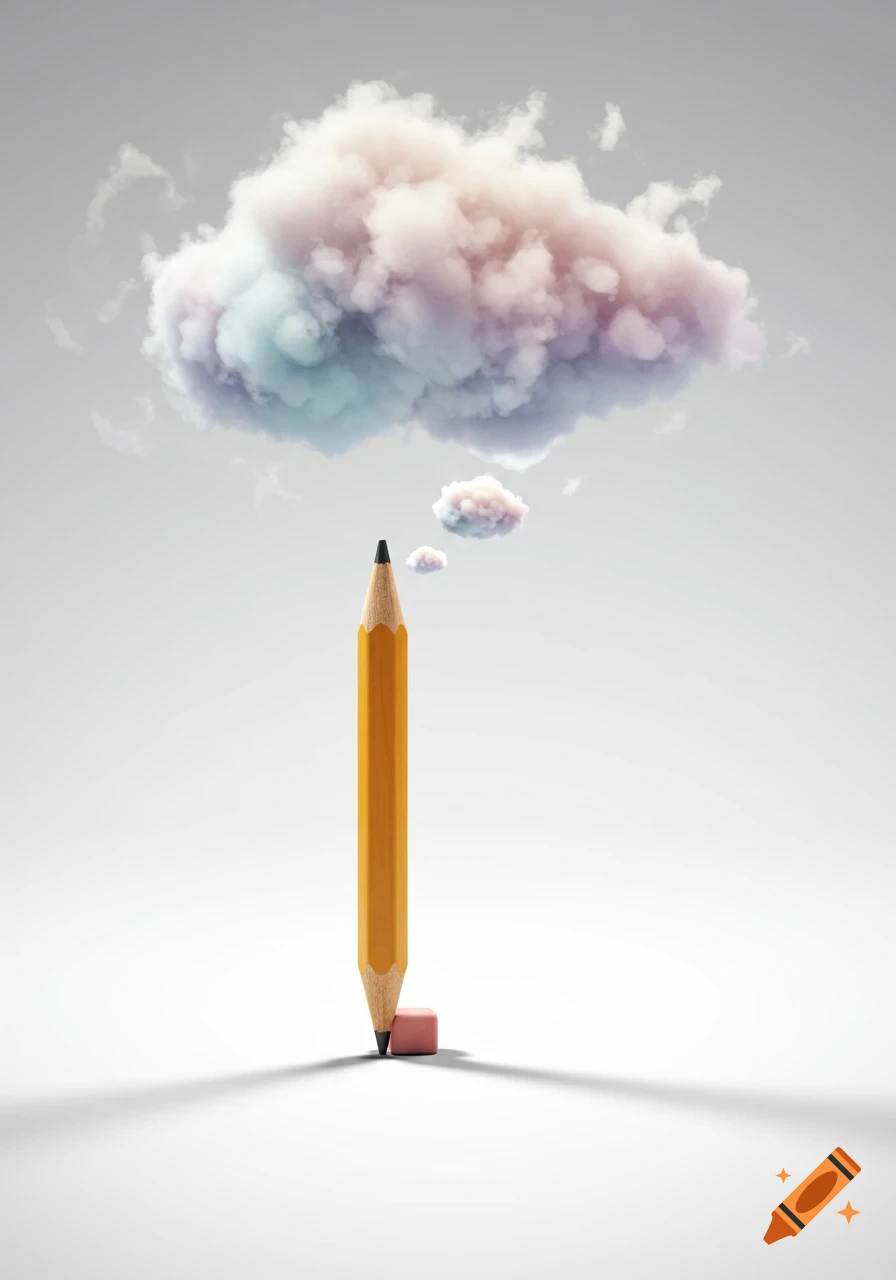 A yellow pencil stands upright next to a pink eraser, with colorful, pastel clouds floating above its tip, against a light gray background.