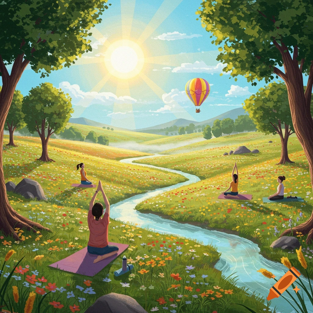 Sunny illustration of women doing yoga on mats in a vibrant, flower-filled meadow with a winding river and a hot air balloon.