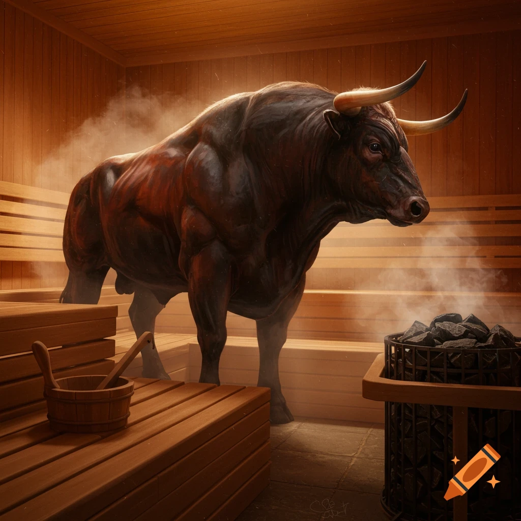 A muscular, dark brown bull stands inside a steamy wooden sauna next to a hot rock stove and a wooden bucket.