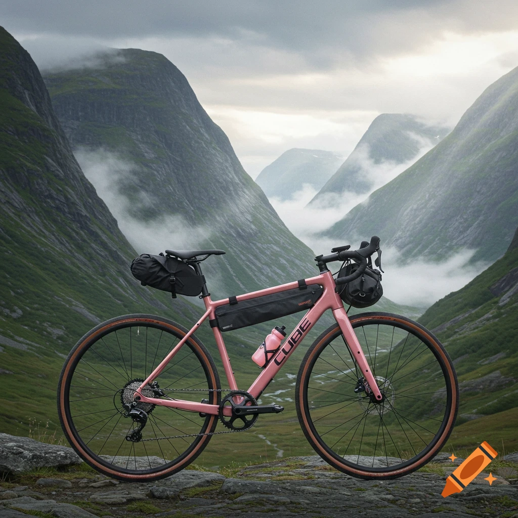 A pink gravel bike with ultracycling bags parked on a rocky outcrop overlooking a misty mountain valley under a cloudy sky.