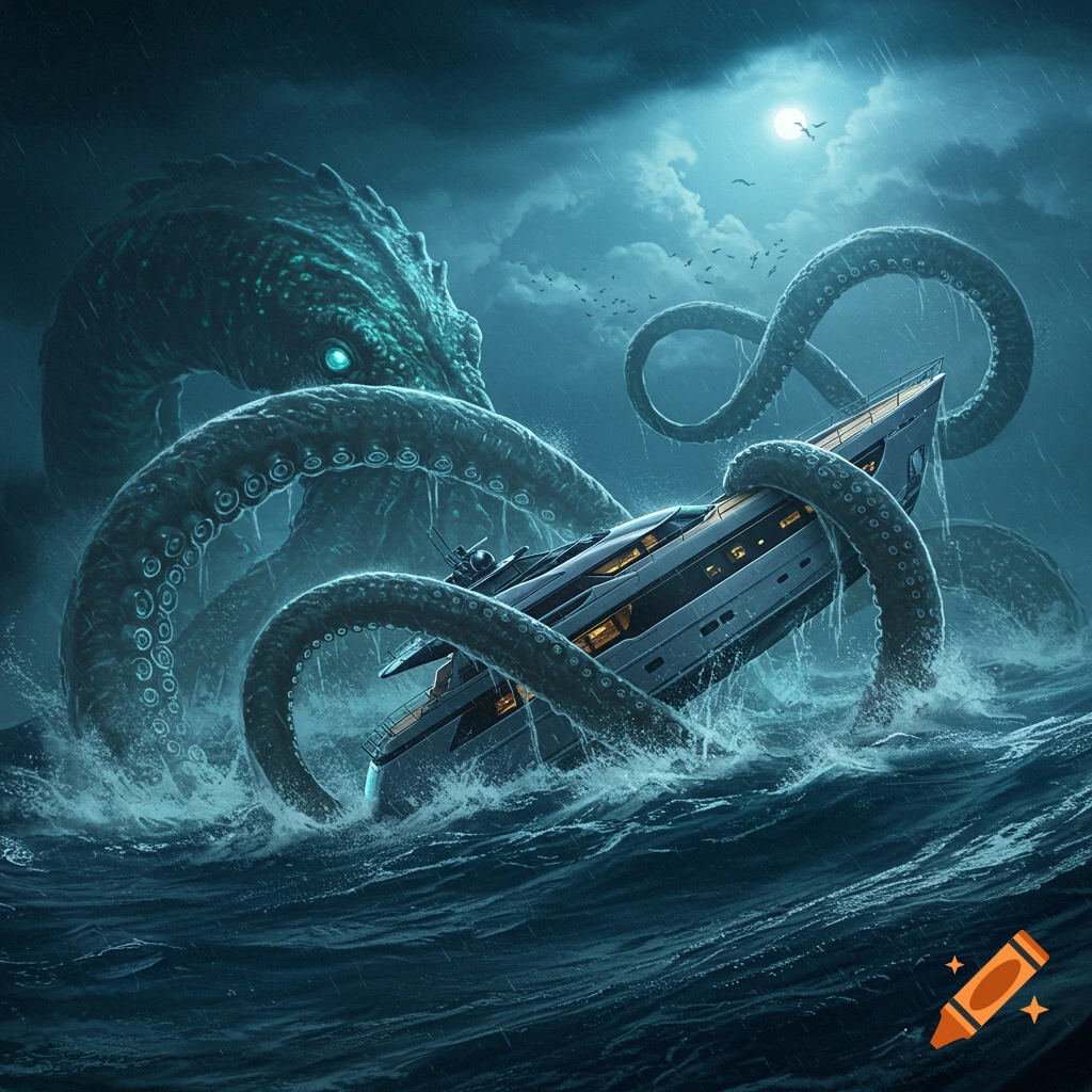A massive kraken with glowing eyes attacks a yacht in a stormy dark sea under a full moon, concept art style.