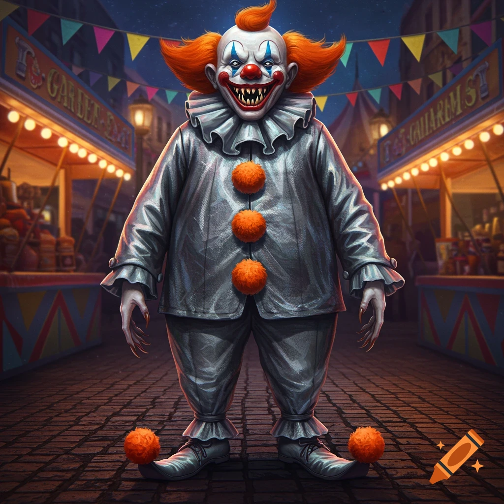A terrifying clown with orange hair, white face paint, sharp teeth, and a baggy silver suit stands in a dark carnival alley with glowing stalls.