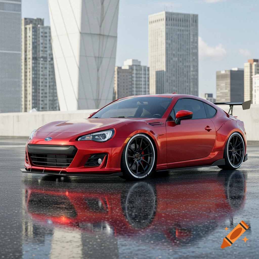 A red Subaru BRZ sports car with a body kit and spoiler parked on a wet surface in a city with tall buildings.