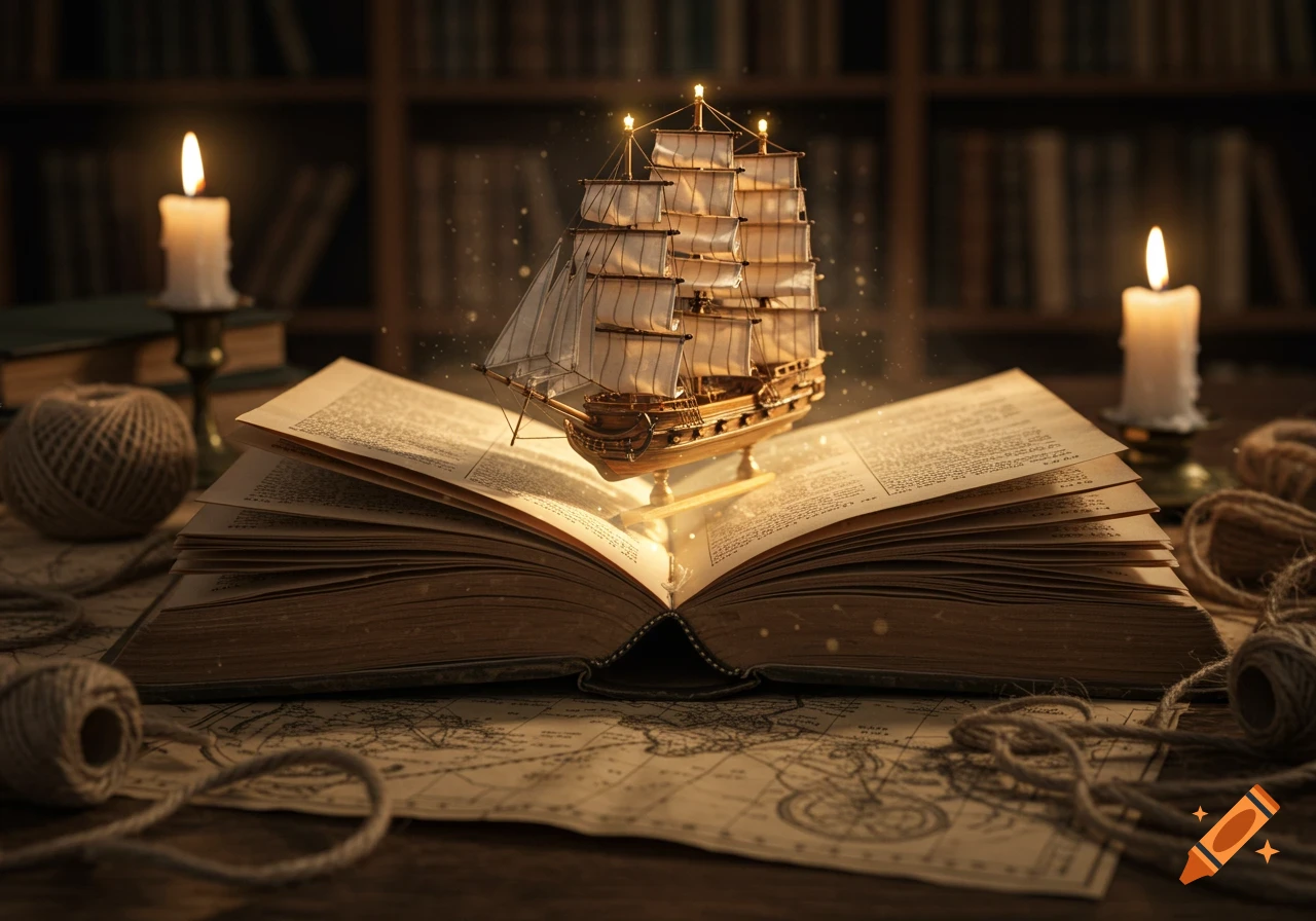 An open book with glowing pages lies on an old map, a miniature sailing ship floating above. Candles and rope surround it, creating a fantasy maritime scene.