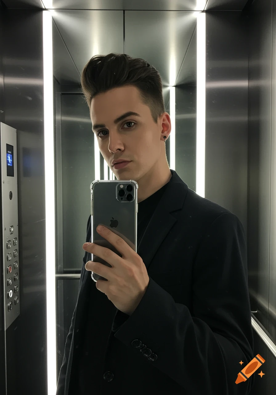 A stylish man in a black suit takes a selfie with his phone in a modern reflective elevator.