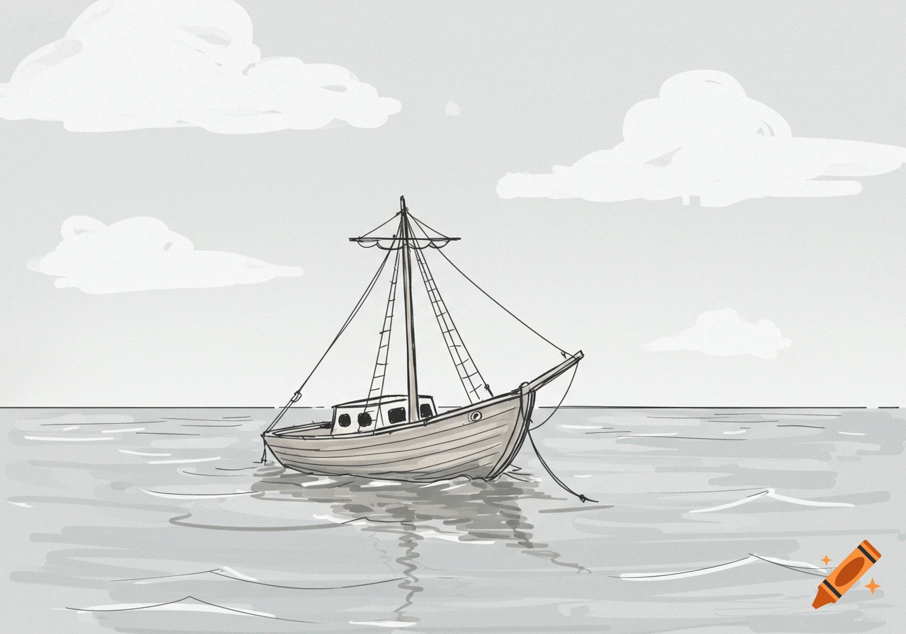 A poorly drawn illustration of a small fishing boat with a mast floating on a calm ocean under a cloudy sky.