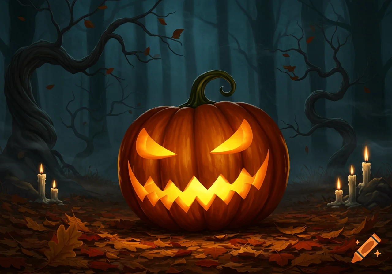 A glowing jack-o'-lantern with a carved spooky face sits amidst autumn leaves and lit candles in a dark, eerie forest at night.