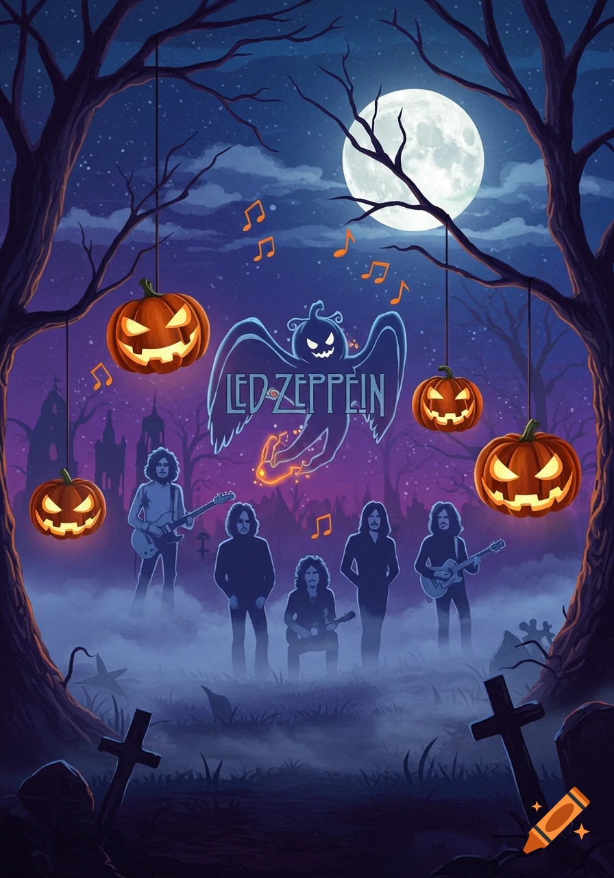 A Halloween-themed illustration of Led Zeppelin. A ghostly pumpkin-like figure with "LED ZEPPELIN" text floats above shadowy band members in a misty graveyard under a full moon, with hanging jack-o'-lanterns.