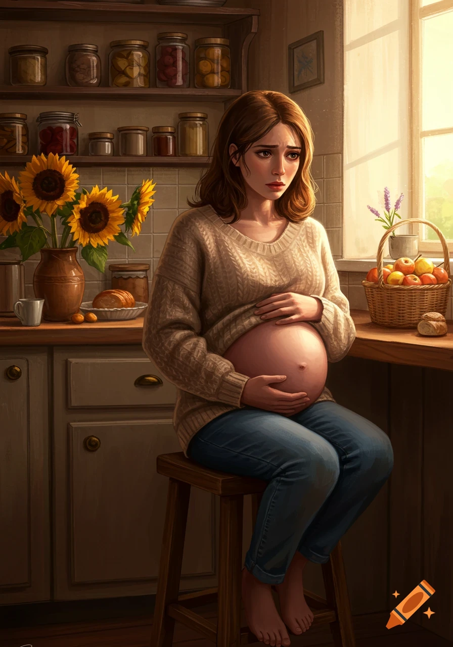An anxious pregnant woman sits on a stool in a rustic kitchen, holding her belly, with sunflowers on the counter.