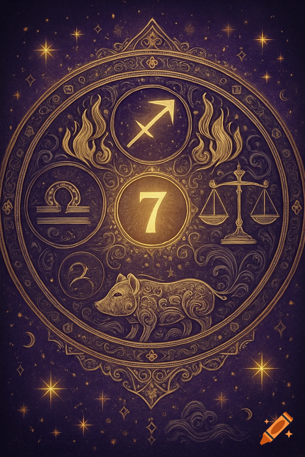 Ornate golden mandala on a dark purple starry background featuring astrological symbols like Sagittarius, Libra, a pig, and the number 7.