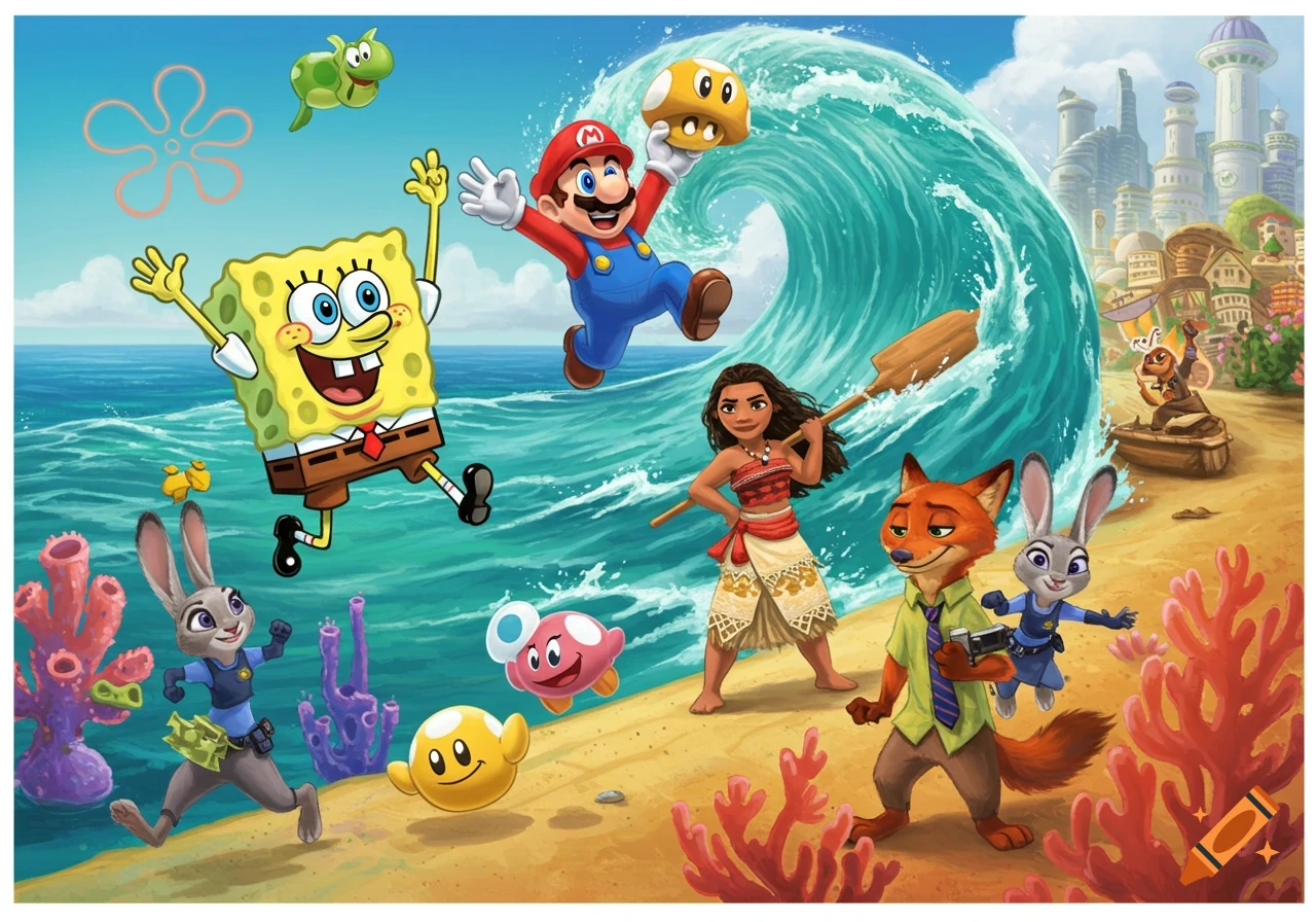 SpongeBob, Super Mario, Moana, Judy Hopps, and Nick Wilde gather on a vibrant beach with a huge wave, colorful coral, and a city in the background.