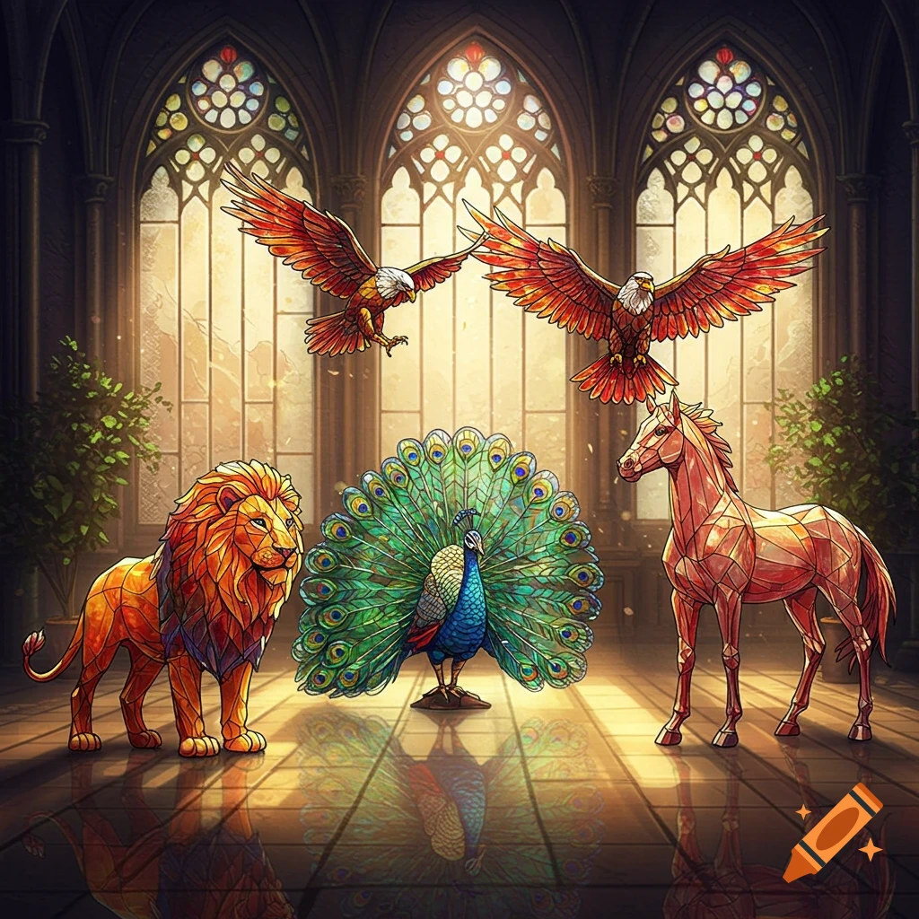 Vivid stained glass lion, peacock, horse, and two eagles standing and flying in a grand hall with large stained glass windows.