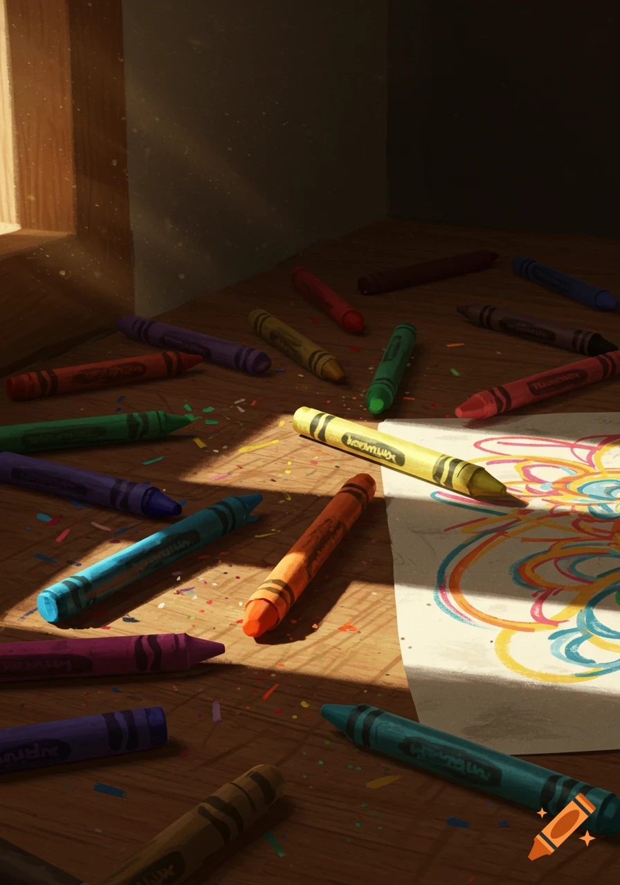 Colorful crayons scattered on a wooden floor with a doodle on paper, illuminated by sunlight from a window.