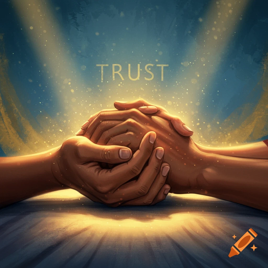 Stylized illustration of two hands clasped together under glowing light, with the word 'TRUST' above.