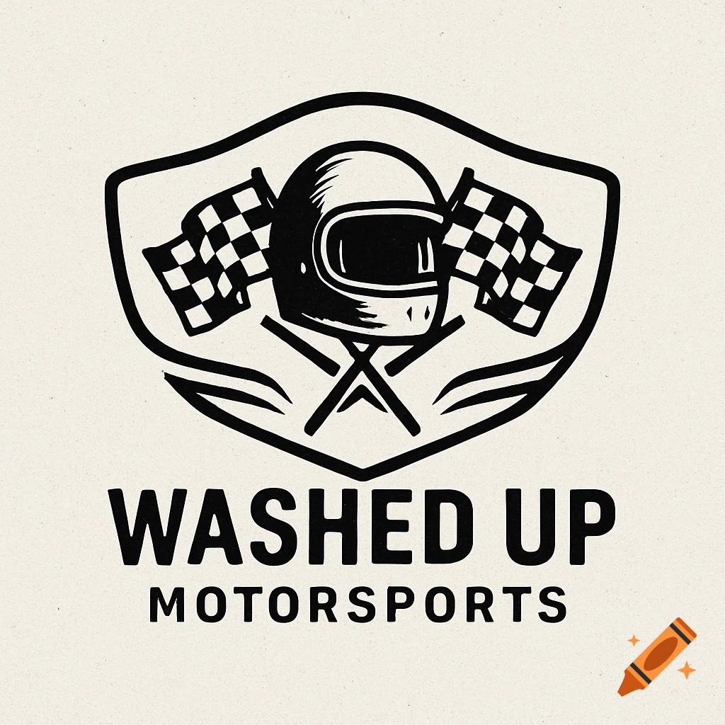 Black and white logo for Washed Up Motorsports featuring a racing helmet and crossed checkered flags.