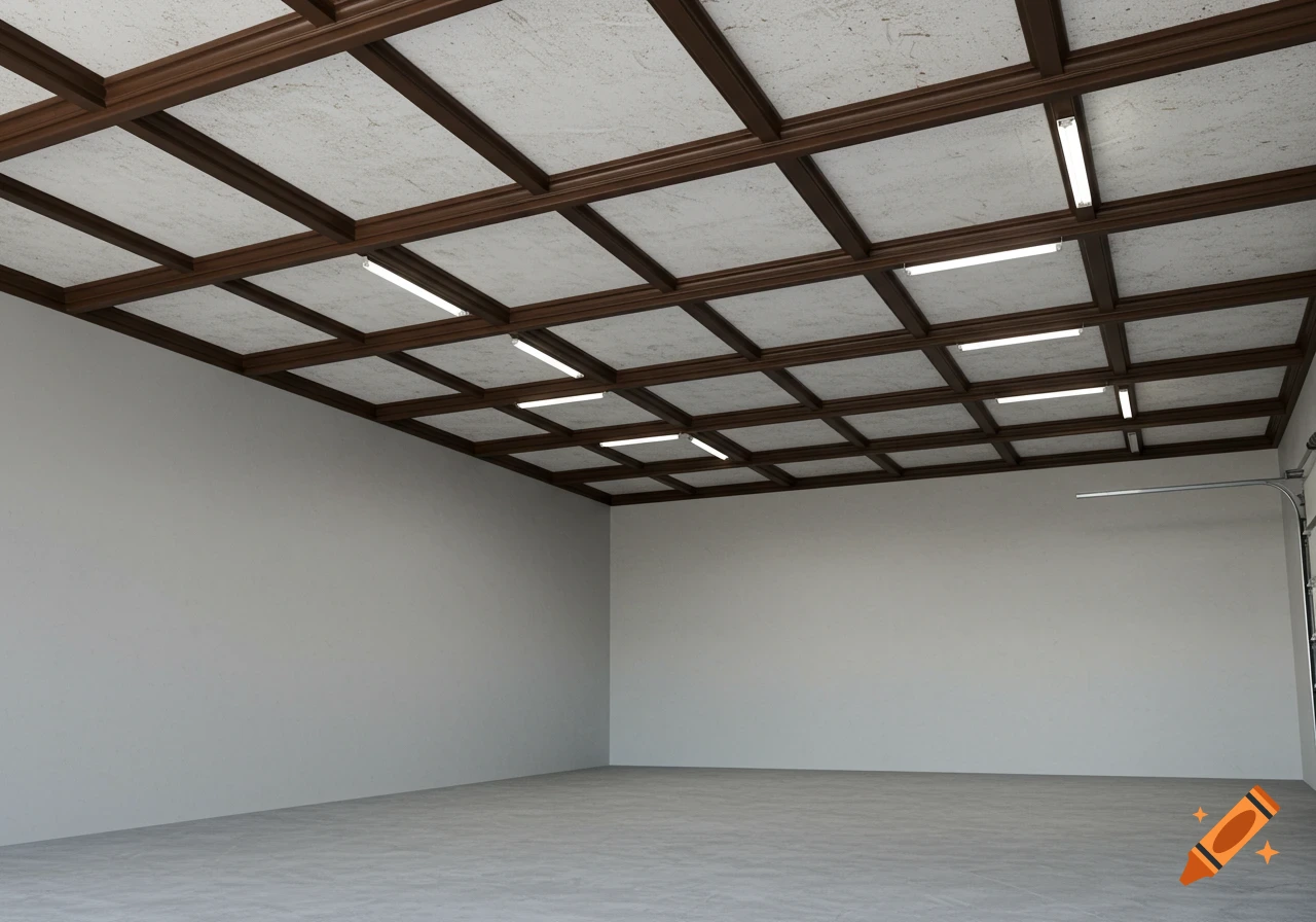 Empty garage interior with a white coffered ceiling framed by brown moldings, grey walls, and a concrete floor.