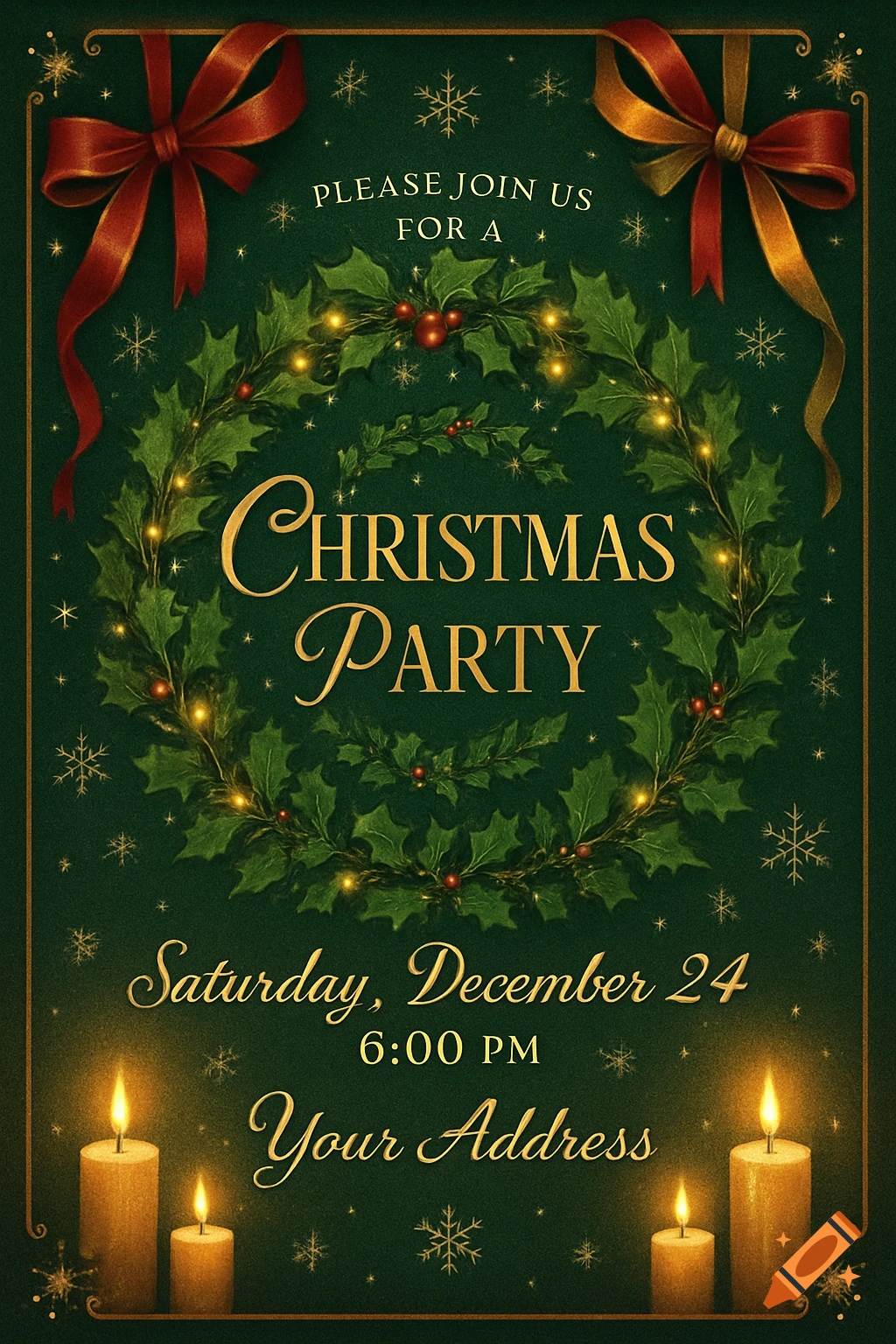 A festive Christmas party invitation with a holly wreath, bows, candles, and golden text on a dark green background.