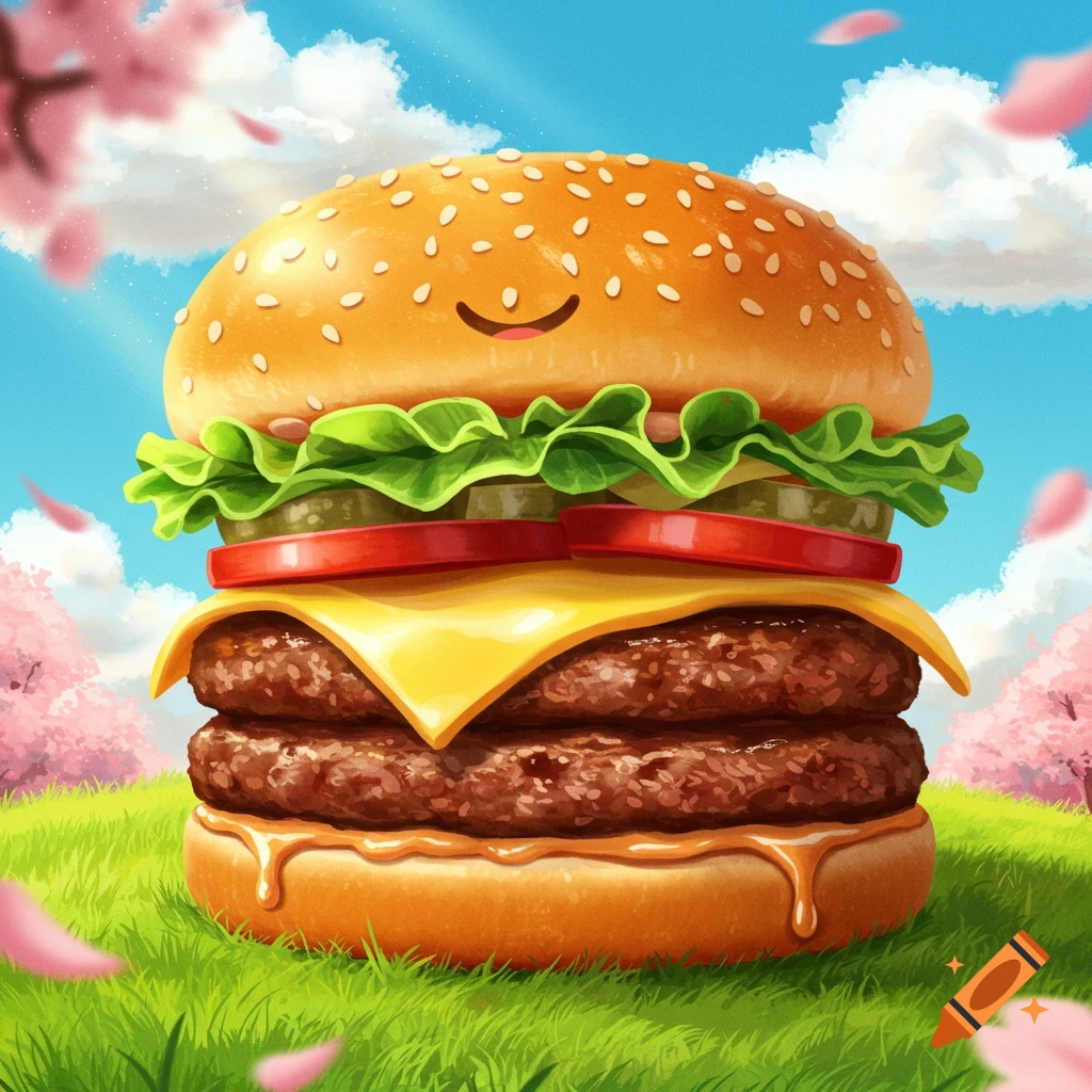 A cute, smiling cartoon double cheeseburger with lettuce, tomato, and pickles on green grass under a blue sky with pink cherry blossoms.