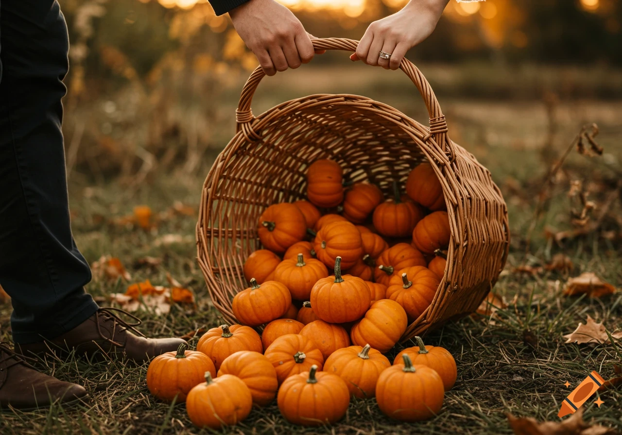 A couple's hands hold an overturned wicker basket spilling small orange pumpkins onto the grassy ground in an autumn setting.