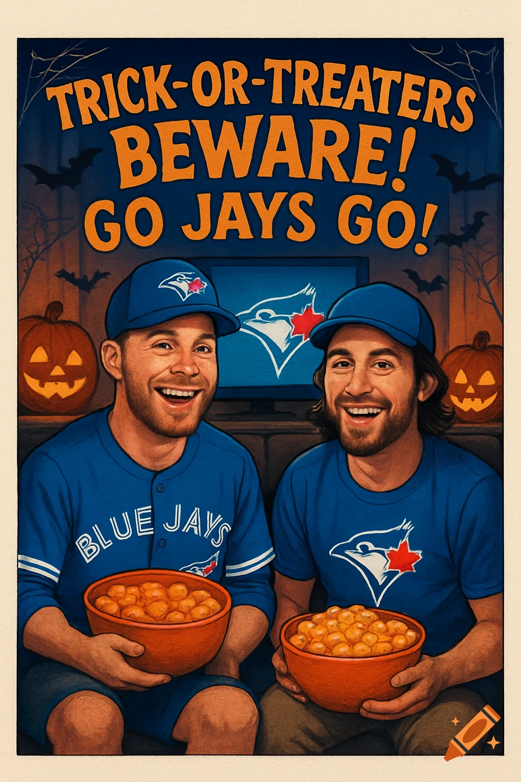 Two men in Blue Jays jerseys and hats sit with bowls of Halloween snacks, watching TV. Above them, text reads "TRICK-OR-TREATERS BEWARE! GO JAYS GO!" surrounded by bats and spiderwebs. Pumpkins flank the TV.