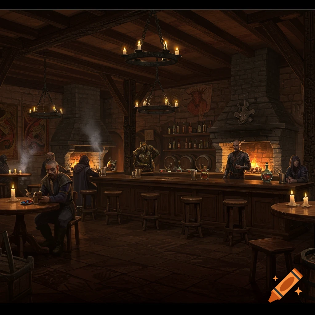 A dimly lit, medieval-style fantasy tavern with various patrons and a bartender, illuminated by warm firelight and chandeliers.
