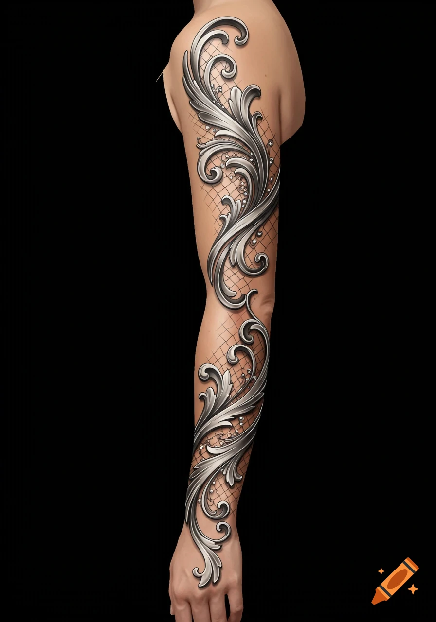 A human arm covered in a detailed, silver filigree sleeve tattoo with a net-like background pattern on a black background.