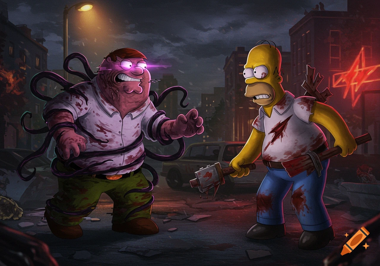 Corrupted Peter Griffin with tentacles and glowing eyes confronts blood-splattered Homer Simpson holding an axe in a dark, apocalyptic city street.