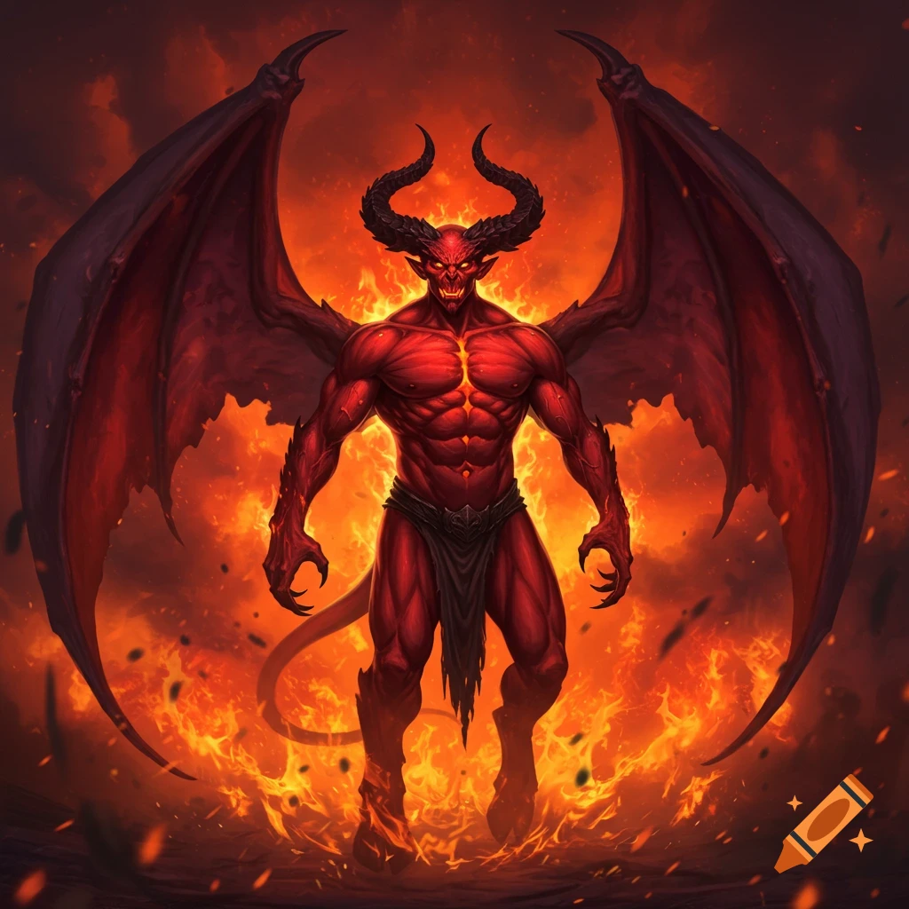 A muscular red demon with large dark wings and black horns stands defiantly in a fiery hellscape.