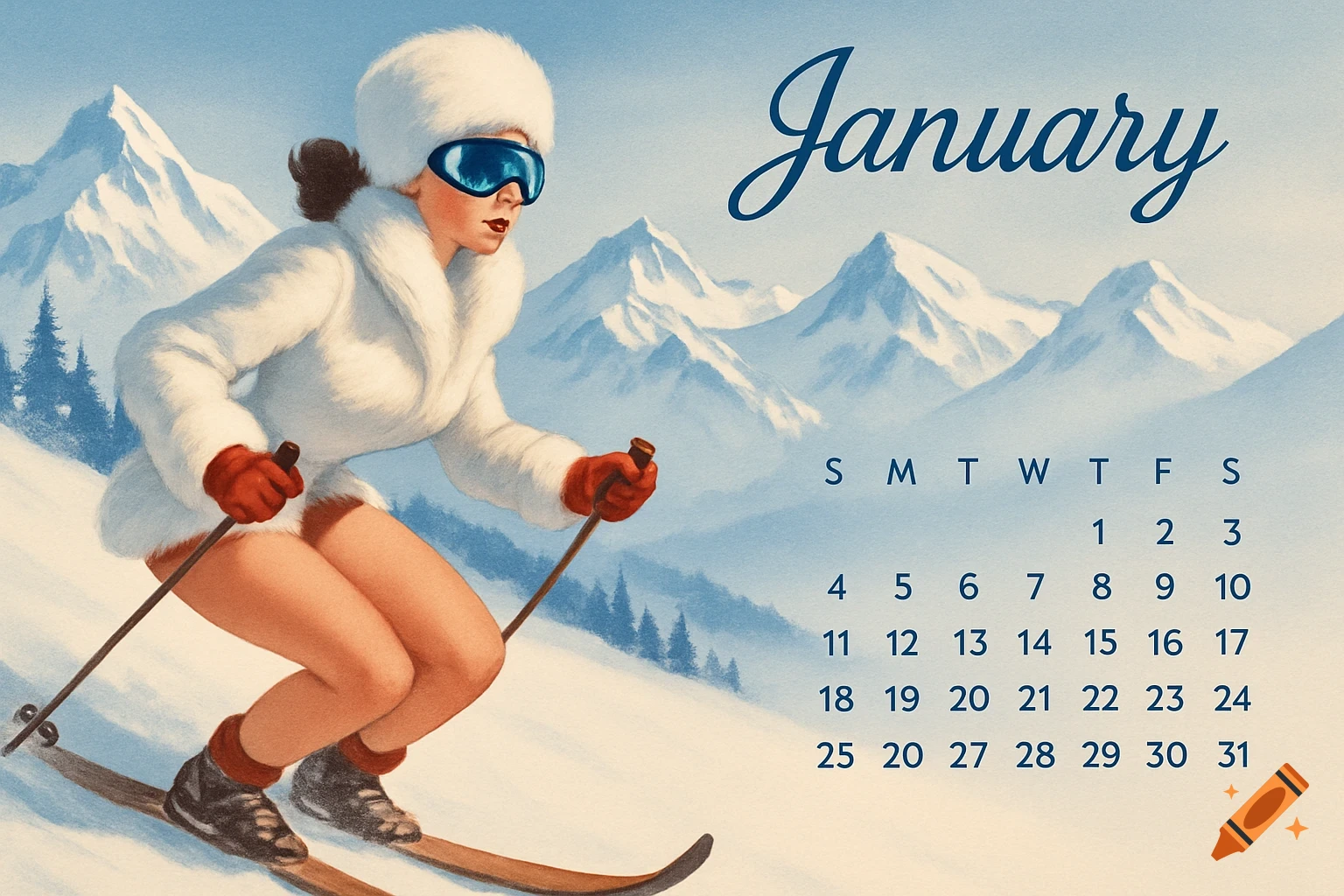 Vintage pin-up style illustration of a woman in a fur coat and ski mask skiing down a snowy mountain slope with a January calendar overlay.