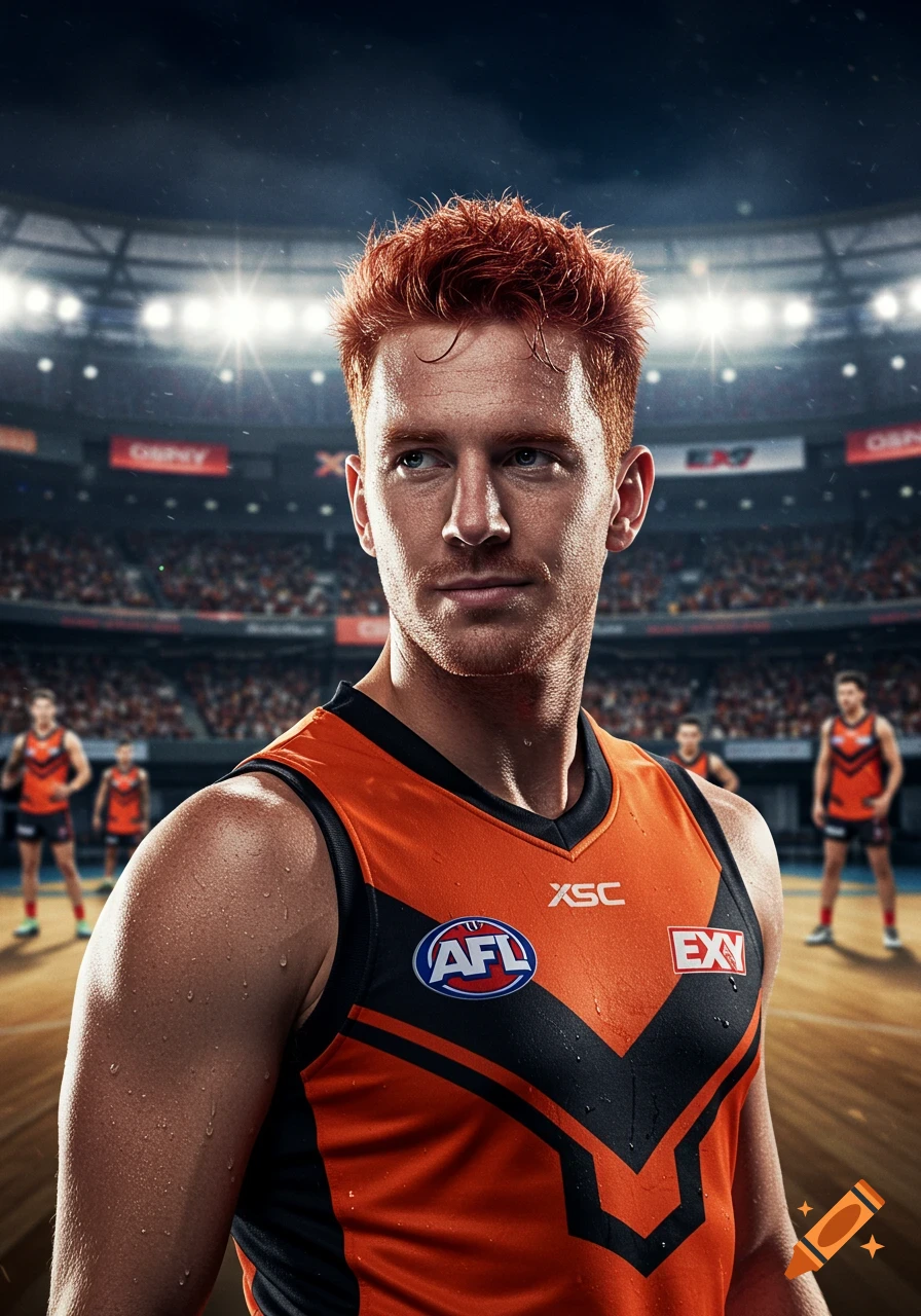 A close-up, photorealistic portrait of a male athlete with red hair in an orange and black jersey, looking left in a brightly lit stadium.