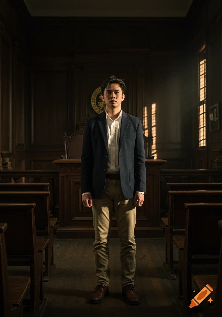 Photorealistic full-body portrait of a Filipino university student standing in an old-style courtroom.