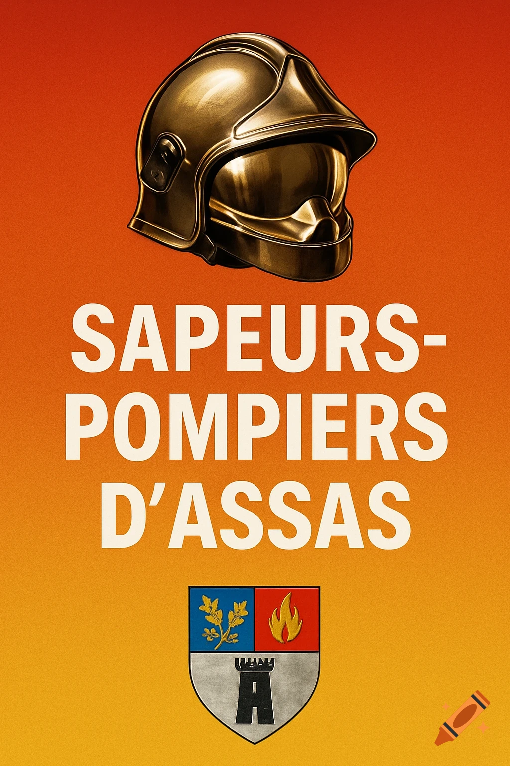 A poster with a golden firefighter helmet, 'SAPEURS-POMPIERS D'ASSAS' text, and a coat of arms on a red-orange gradient background.