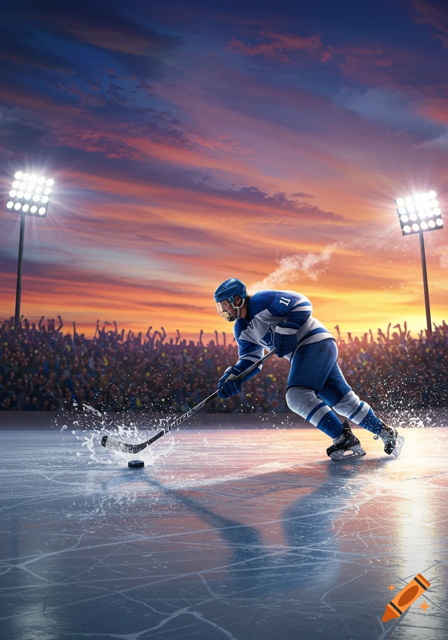 Photorealistic hockey player skating on ice with puck, splashing water, under stadium lights and a dramatic sunset sky with a crowd in the background.